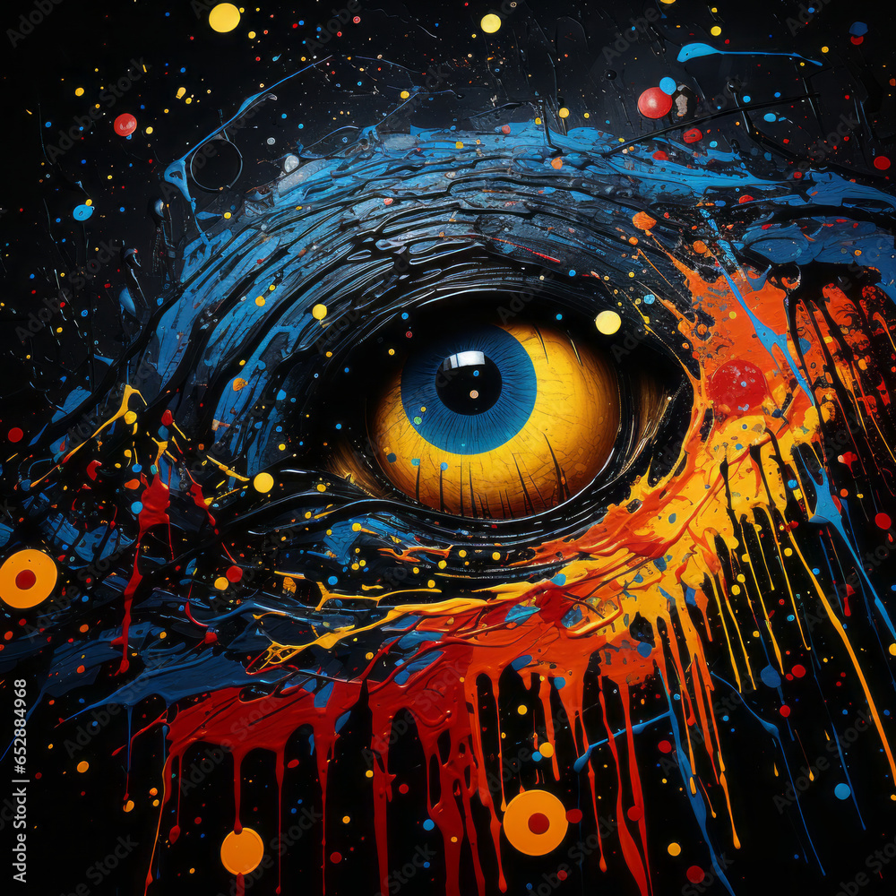 a painting of an eye with paint splatters all over it
