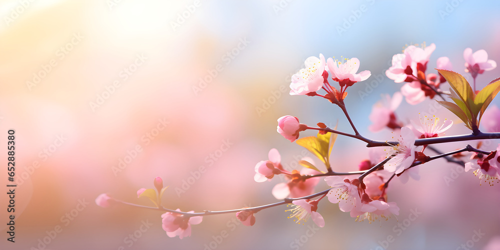 beautiful and delicate nature in sunshine at the edge of blurred spring background, floral springtime concept banner in light white and colour with copy space