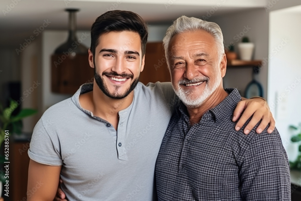 Adult son embracing shoulders of happy middle aged father at home. Positive two male generations family supporting each other Adult son embracing shoulders of happy middle aged father at home. Positive two male generations family supporting each other