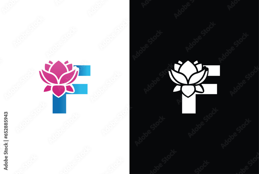 Initial F lily flower logo. Letter F vector alphabet with lily flower. ABC concept type as logo. Typography design Initial F lily flower logo. Letter F vector alphabet with lily flower. ABC concept type as logo. Typography design