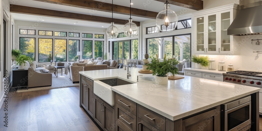 © JW Studio - Kitchen interior in beautiful new luxury home with kitchen island and wooden floor, bright modern minimal style,  with copy space.