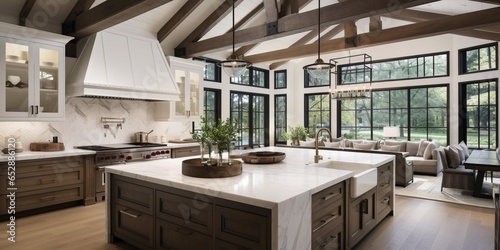 Kitchen interior in beautiful new luxury home with kitchen island and wooden floor, bright modern minimal style,  with copy space.