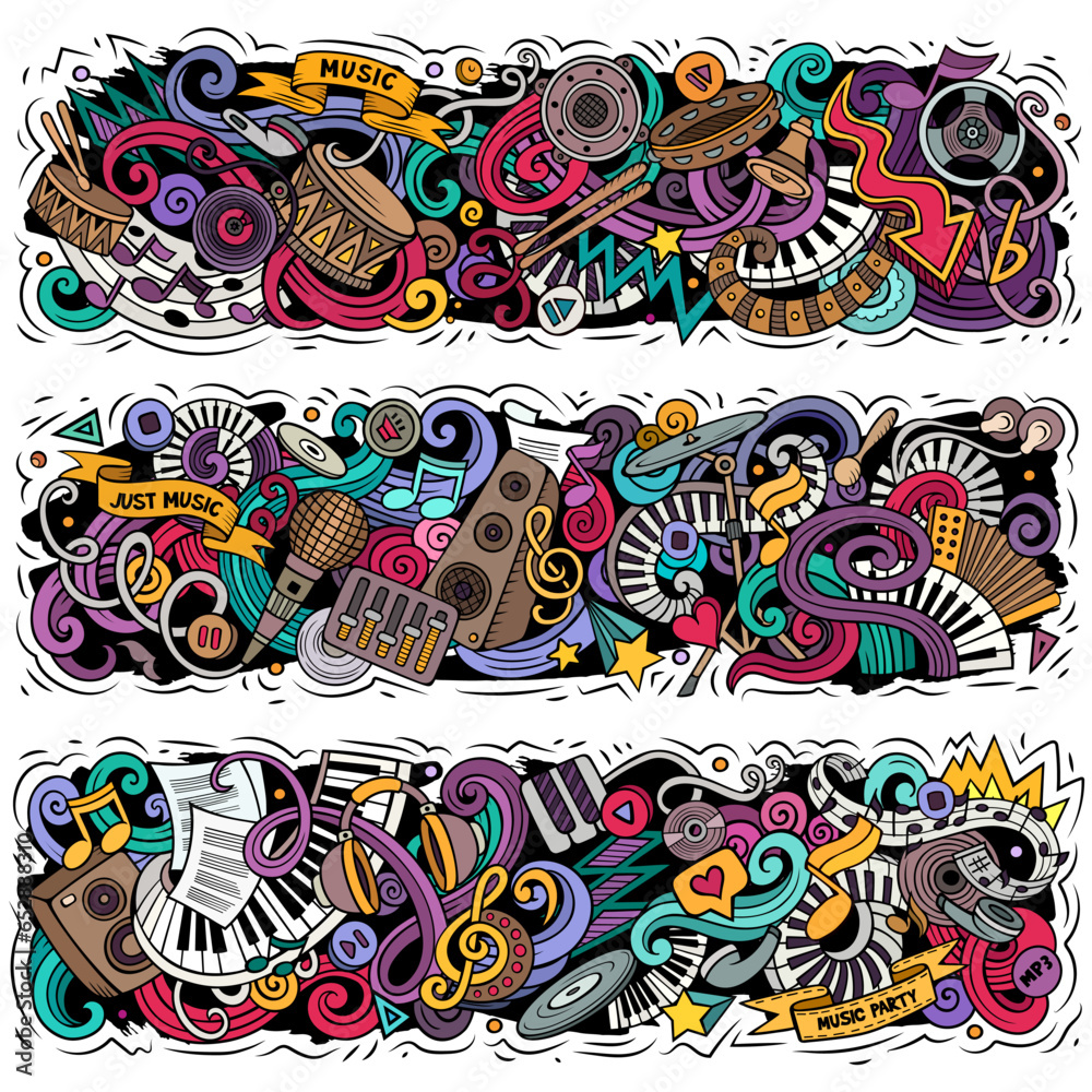 Music cartoon doodles illustration. Colorful musical vector banners