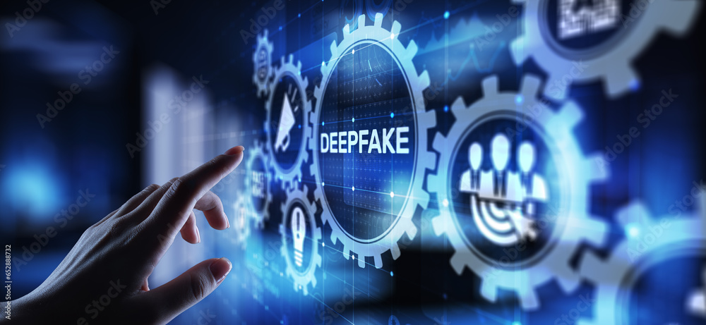 Deep Fake news artificial intelligence in media technology concept on virtual screen.