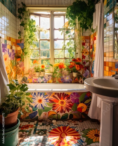 beautiful bright bathroom with window and flowers on the walls, maximalism in style, primitivist style, red, green, yellow, orange, patchwork photo