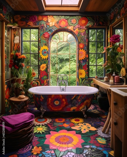 beautiful bright bathroom with window and flowers on the walls, maximalism in style, primitivist style, red, green, yellow, orange, patchwork photo