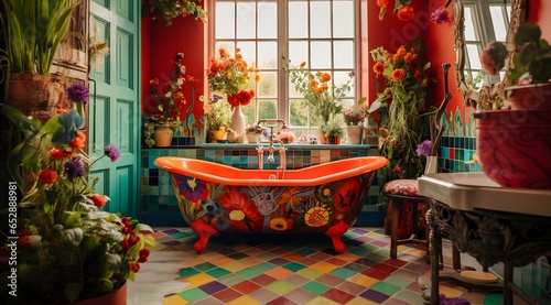 beautiful bright bathroom with window and flowers on the walls, maximalism in style, primitivist style, red, green, yellow, orange, patchwork photo