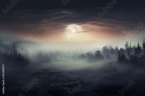 Night forest in fog by moonlight