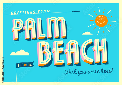 Greetings from Palm Beach, Florida, USA - Wish you were here! - Touristic Postcard. Vector Illustration.