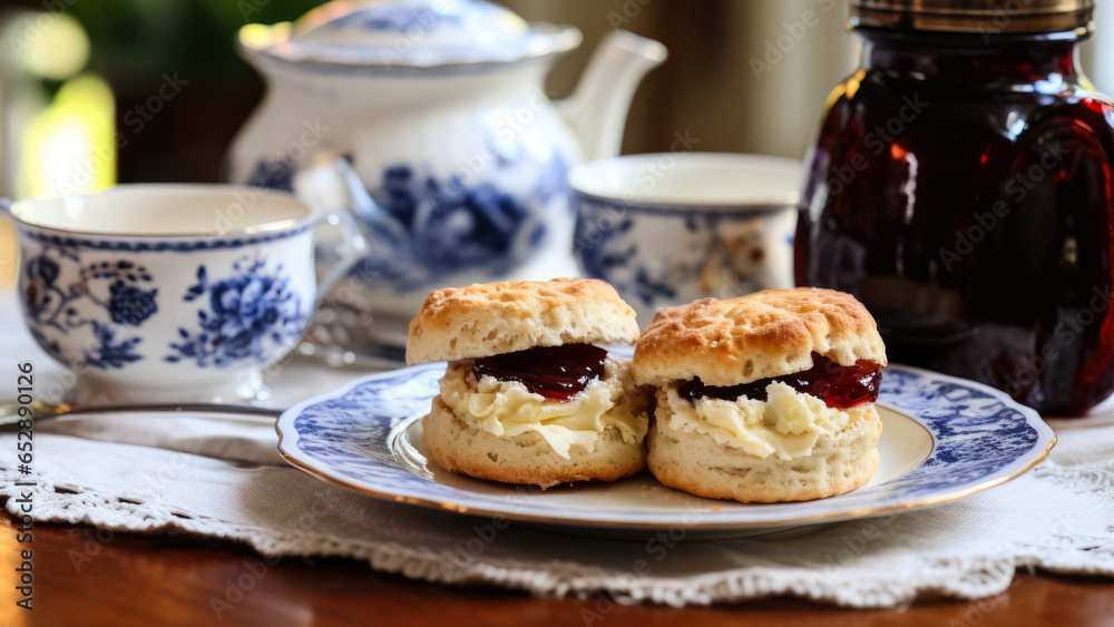 Quaint breakfast setting with homemade scones clotted cream jam on vintage china 