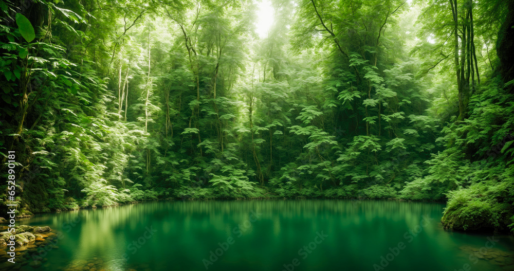 Lush green jungle with a peaceful pond surrounded by vibrant greenery. Lush green jungle with a peaceful pond surrounded by vibrant greenery.