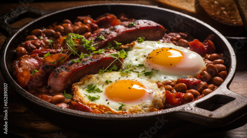 Savory Traditional English breakfast served on a rustic cast iron plate 
