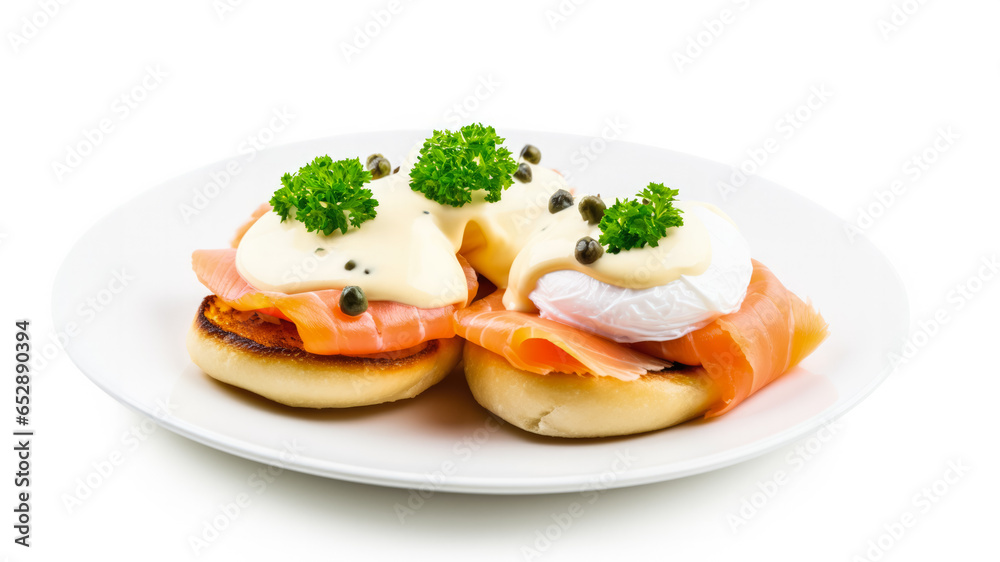 Gourmet eggs benedict with smoked salmon and capers isolated on a white background Gourmet eggs benedict with smoked salmon and capers isolated on a white background