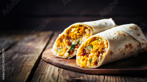 Handmade breakfast burritos on weathered picnic table background with empty space for text 