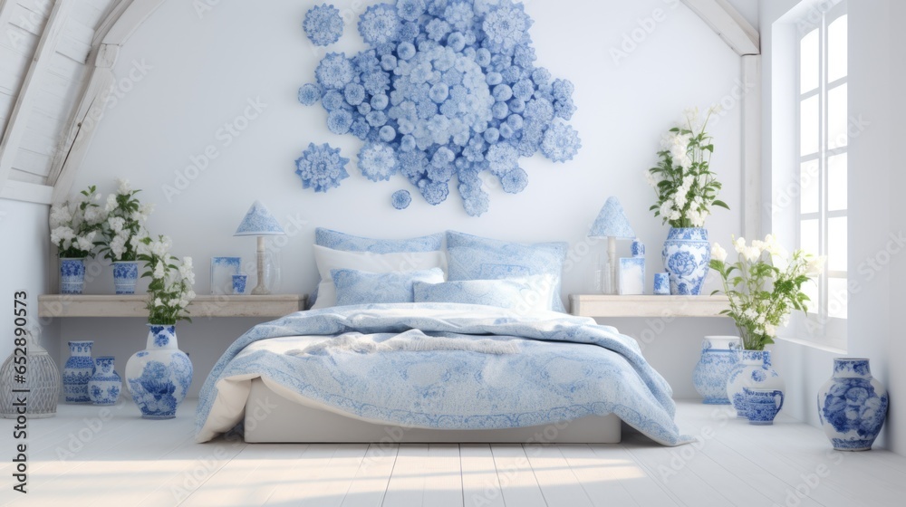 Obraz premium A blue and white bedroom with a bed and vases