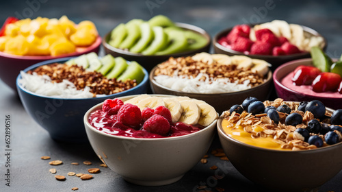 Colorful acai bowls with granola fruit on tropical table background with empty space for text  photo