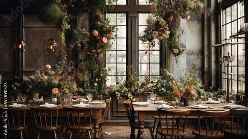 A dining room with a long table and lots of flowers
