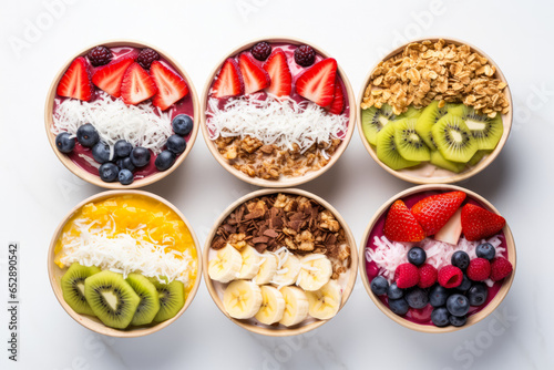 Colorful acai bowls with granola coconut flakes and fruit isolated on a white background  photo