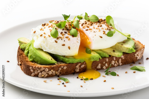 Close-up avocado toast with poached eggs on multigrain bread isolated on a white background 