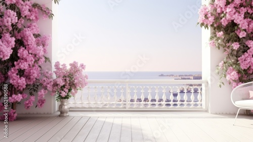 A balcony with a white chair and pink flowers photo