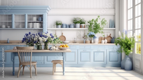A kitchen with blue cabinets and a wooden table