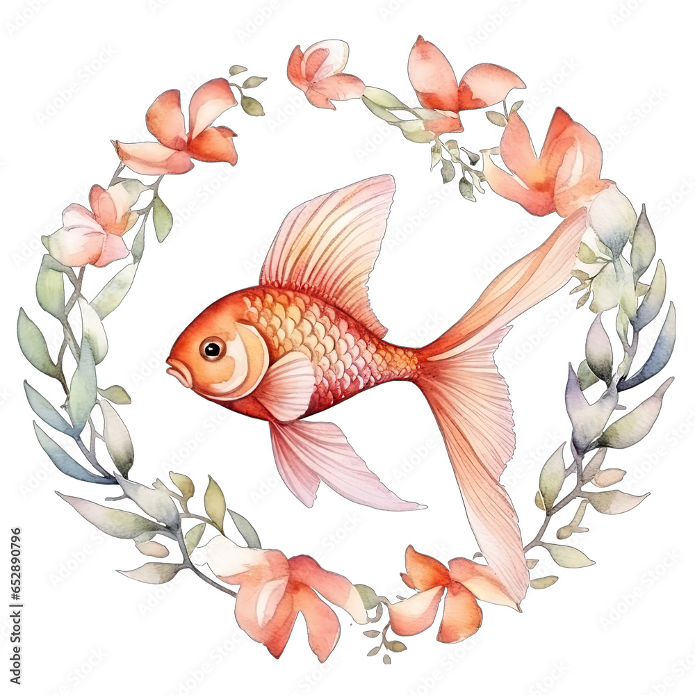 Goldfish, surrounded by a seaweed and floral wreath, isolated on white transparent background. Goldfish, surrounded by a seaweed and floral wreath, isolated on white transparent background.