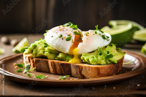 Avocado toast with poached eggs close-up background with empty space for text 