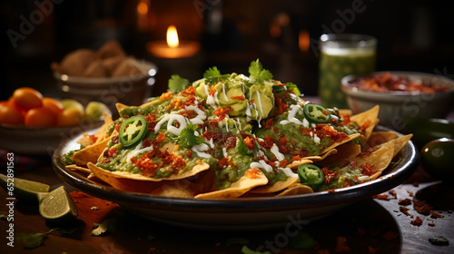 Delicious Stacked Nachos with Melted Cheese   Garnish Details - Mexican Cuisine at Its Best in Food Photography. Generative AI.