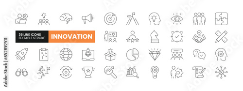 Set of 36 Innovation line icons set. Innovation outline icons with editable stroke collection. Includes Team, Teamwork, Vision, Goal, Management and More.