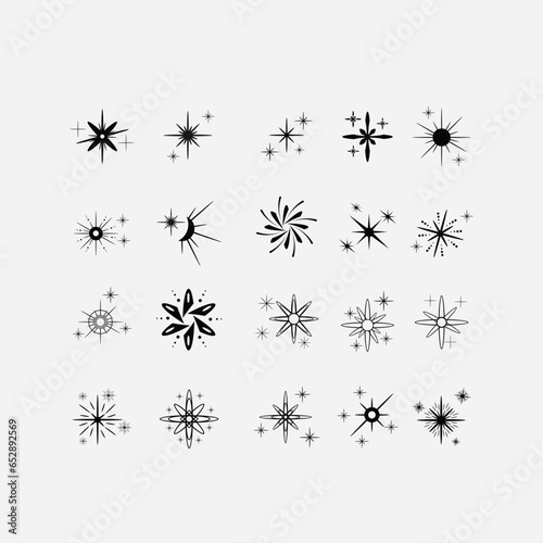 Minimalist silhouette stars icon, twinkle star shape symbols. Modern geometric elements, shining star icons, abstract sparkle black silhouettes symbol vector set © vindez