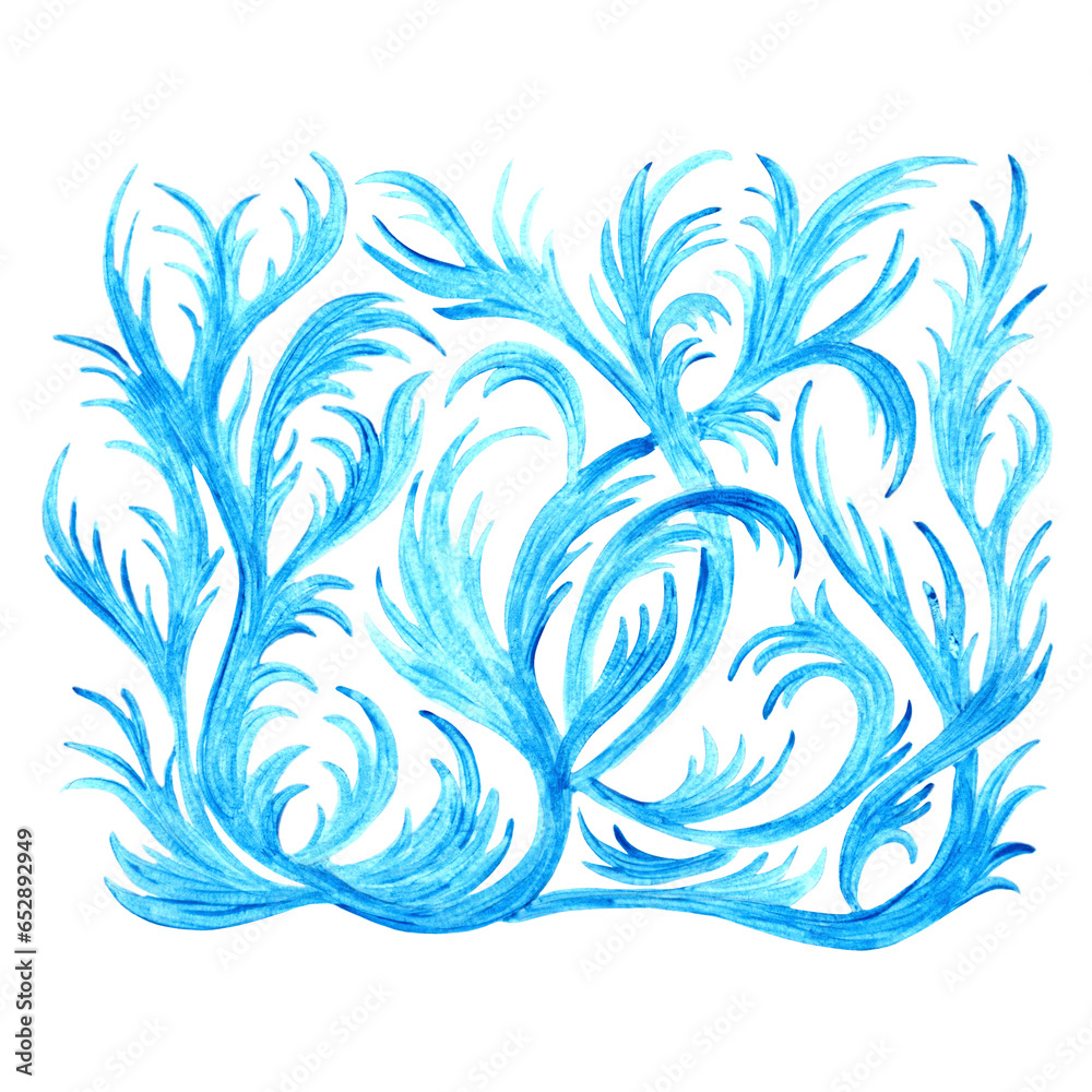 Frosty blue pattern with swirls. Watercolor hand drawn illustration on white background for design, decorating cards, making stickers, print packaging and textiles.