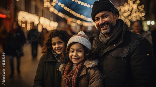 familias latinas con piel morena celebrando la navidad en una locacion exterior con grandes sonrisas y gorros en sus cabezas