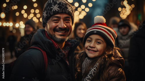 familias latinas con piel morena celebrando la navidad en una locacion exterior con grandes sonrisas y gorros en sus cabezas