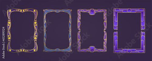 Set of gold vintage frames. Decorative engraved frame. Space theme, stars, outer space, jewelry. A4 template, retro futurism, fantasy, sci-fi. Vector illustration, isolated set.