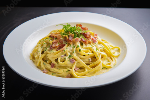 Dish of delicious pasta carbonara