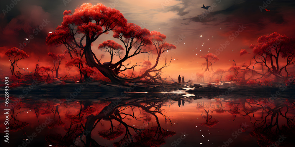 Fototapeta premium sunset on the lake. surreal dreamscape abstract landscape