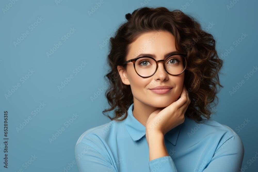 optimist adult female woman smiling happiness casual cloer and glasses positive thinking attitude studio shot on backdrop portrait shot