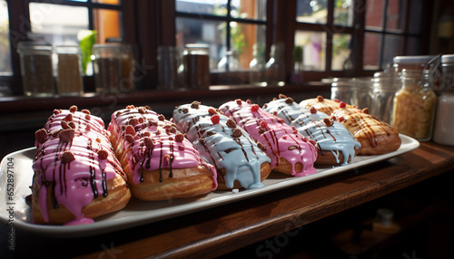 Indulgent gourmet dessert: fresh eclair, donut, whipped cream, homemade temptation generated by AI