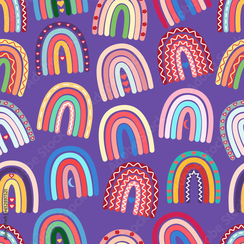 Seamless children's pattern with hand-drawn rainbows and hearts. Creative Scandinavian children's texture for fabric, packaging, textiles, wallpaper, clothing. Vector illustration