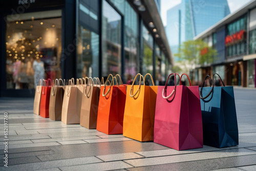 a lot of colorful shopping bags on the street near the store