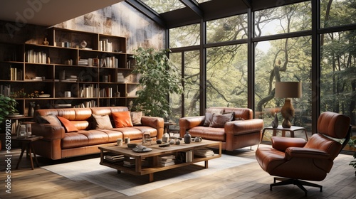 The interior design of a modern living room with mid-century style includes a terracotta sofa and brown leather armchairs