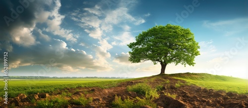 Tree standing alone in a field represents the concept of recycling life