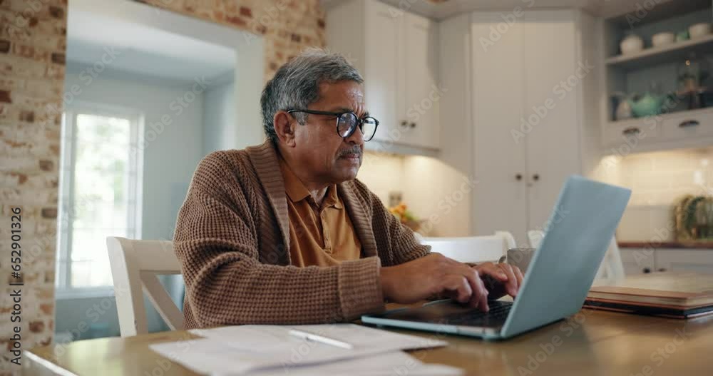 Senior man, frustrated and laptop at home, debt or retirement fund investment for tax review, statement or wealth. Finance document, mortgage or money stress for funeral policy and life cover expense Senior man, frustrated and laptop at home, debt or retirement fund investment for tax review, statement or wealth. Finance document, mortgage or money stress for funeral policy and life cover expense