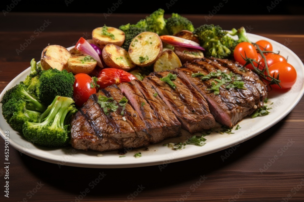 Juicy beef steak with vegetables on a white plate Juicy beef steak with vegetables on a white plate