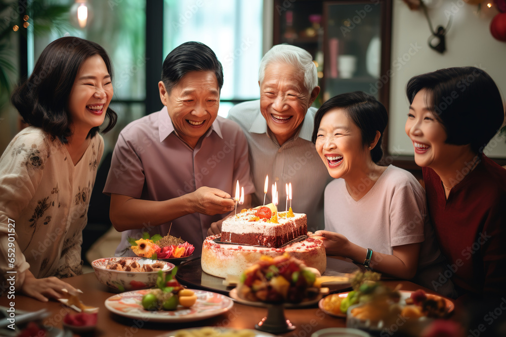 Happy three generation Asian family celebrating grandpa's birthday at home.