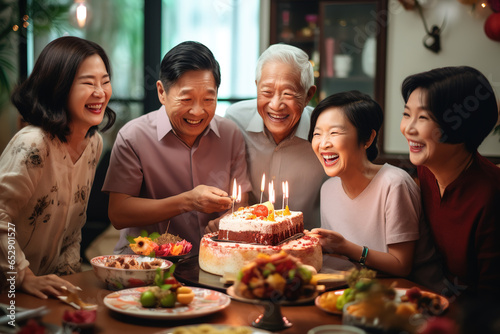 Happy three generation Asian family celebrating grandpa s birthday at home.
