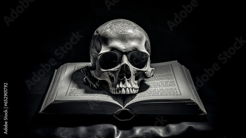 human skull on an open book in a dark room, mystical atmosphere, vintage illustration