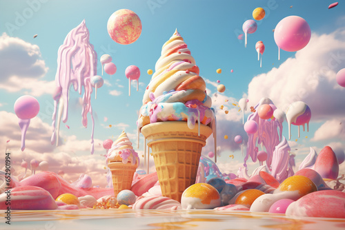 Ice Cream fantasy world, Cartoon illustration of a big ice cream waffle cone surrounded by colorful creamy elements. Creative Ice cream banner advertising concept. Imaginary ice cream world wallpaper.
