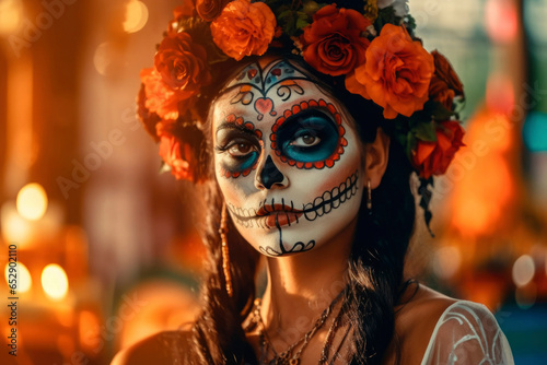 Portrait of young woman with la Catrina makeup for Day of The Dead