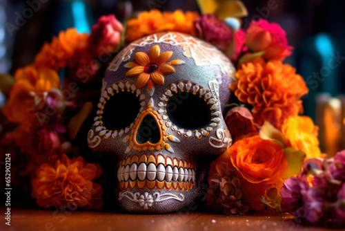 Colorful sugar skull on altar background for Day of the Dead decorated flowers and candles